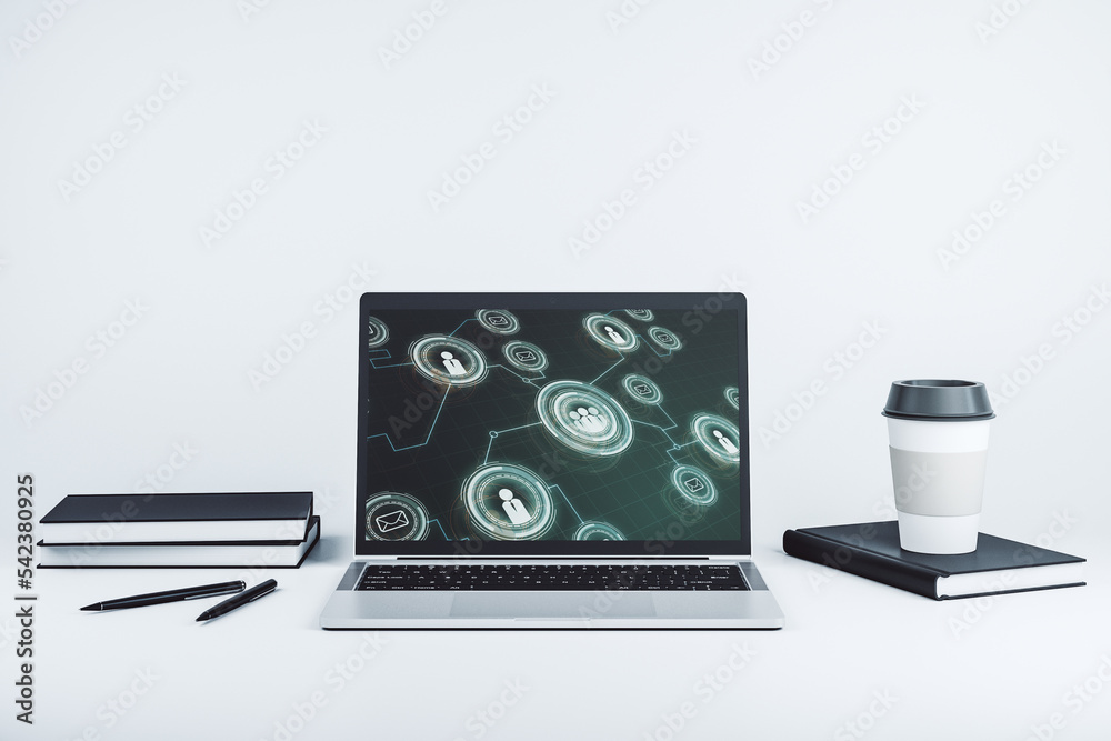 Poster modern computer screen with social network media concept. 3d rendering