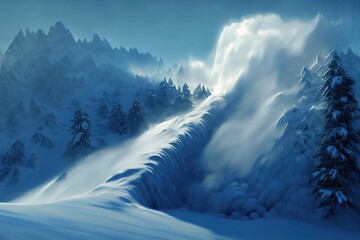 An avalanche has fallen into the mountain, causing a powerful slide and an ice wall. A snow-covered, high-altitude landscape and avalanche danger concept. Wintery scenery with sunlight.