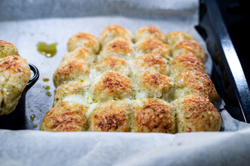 pesto bread balls oven cheese pot white background