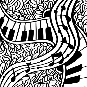 Doodle music background with floral decoration and music element © Handini_Atmodiwiryo