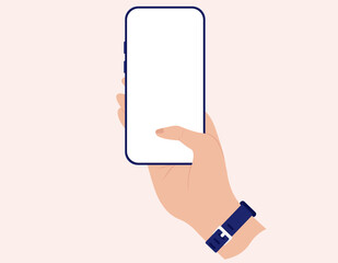 Phone in hand vector mockup - Hand holding smartphone with blank white screen. Illustration on warm coloured background