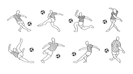 Soccer or football sports outline collection. Vector illustration of male players with ball.