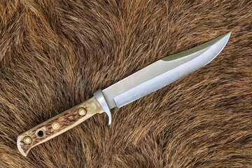 a bowie knife with an antler shank on the fur - obrazy, fototapety, plakaty
