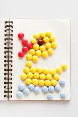 Chocolates arranged on a notebook to represent duck