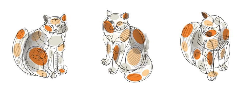 Nice cute cat linear vector illustrations set, line art drawings of pussycat relaxing, artistic outline minimal sketch of fat and lazy cats.