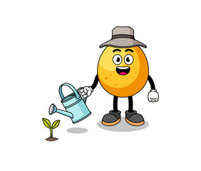 Illustration of golden egg cartoon watering the plant