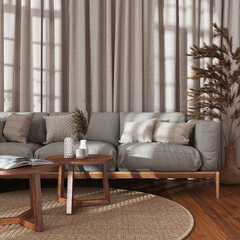 Japandi living room in wooden and beige tones, close-up. Fabric sofa, rattan capet and curtains. Parquet floor, farmhouse interior design