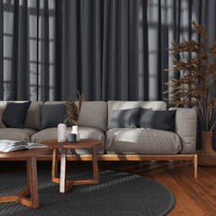 Japandi living room in wooden and gray tones, close-up. Fabric sofa, rattan capet and curtains. Parquet floor, farmhouse interior design