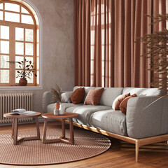 Retro living room with curtains, fabric sofa and rattan carpet in orange and beige tones. Parquet floor and arched window. Farmhouse interior design
