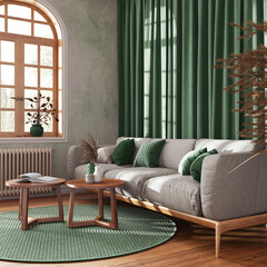 Retro living room with curtains, fabric sofa and rattan carpet in green and beige tones. Parquet floor and arched window. Farmhouse interior design
