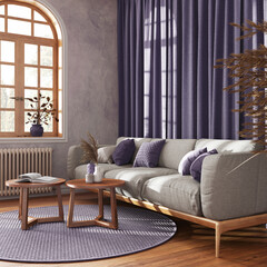 Retro living room with curtains, fabric sofa and rattan carpet in purple and beige tones. Parquet floor and arched window. Farmhouse interior design