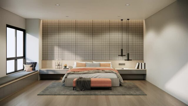 modern mockup apartment bedroom interior design and decoration in beige and grey color, striped wall tile wooden parquet floor and bench on bay window. 3d rendering bedding scene. Video 4K