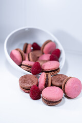 Obraz na płótnie Canvas raspberry chocolate macarons, pink brown white dish, french dessert