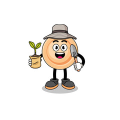 Illustration of button cartoon holding a plant seed