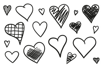 Hand drawn grunge hearts on isolated white background. Set of love signs. Unique signs for design. Black and white illustration. Doodles for flyers, greeting cards and banners. Creative art sketches