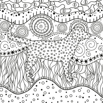 Square ornate wallpaper with dog. Hand drawn waved ornaments on white. Abstract patterns on isolated background. Design for spiritual relaxation for adults. Line art. Black and white illustration