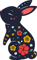 Hare decorated with flowers. Beautiful rabbit bunny in folk style. vector animal Symbol for chinese new year lunar zodiac, Easter, Moon festival celebrations - 542383531