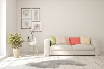 White living room with sofa. Scandinavian interior design. 3D illustration