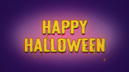 Obraz premium Happy halloween cartoon style text, funny halloween animation, yellow melting words, purple background.