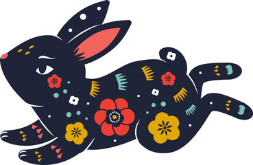 Hare decorated with flowers. Beautiful rabbit bunny in folk style. vector animal Symbol for chinese new year lunar zodiac, Easter, Moon festival celebrations - 542383573