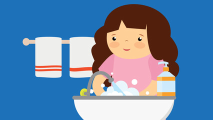 Girl washing her hands in the washbasin with soap