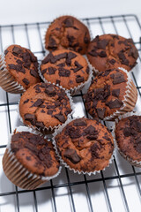 chocolate chips muffins white background black grid rack
