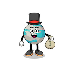 planet mascot illustration rich man holding a money sack