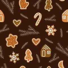 Fototapeta na wymiar Seamless pattern of various Christmas gingerbread cookies. Perfect for Christmas cards, decorations, invitations, banners, labels, gift paper. Festive, cozy atmosphere.