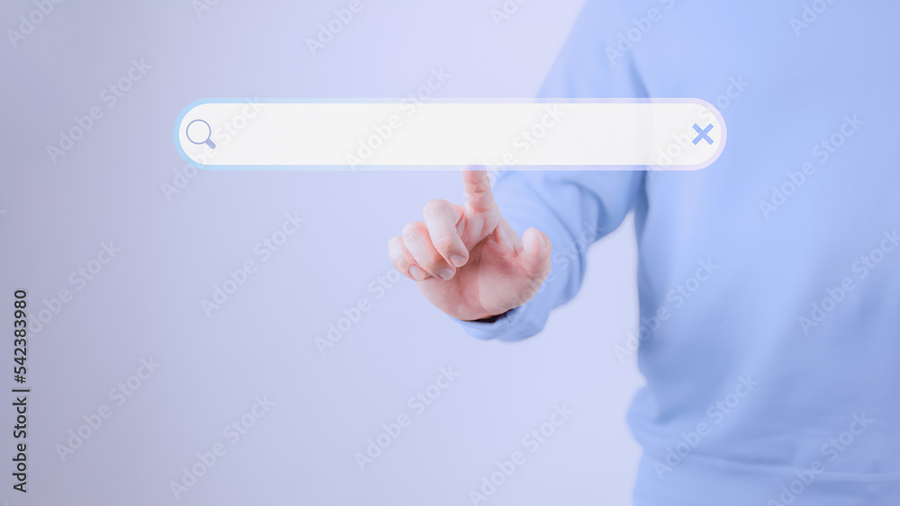 Poster Man hand presses the information search button on computer touch screen. Technology, searching system and internet concept, copy space.