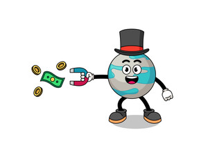 Character Illustration of planet catching money with a magnet