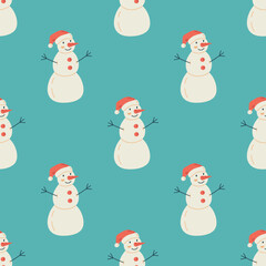Snowman seamless pattern. Christmas collection. Flat vector illustration of a unicorn heart