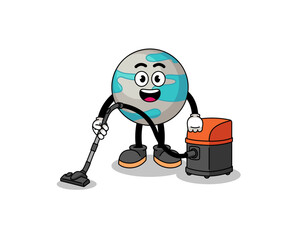 Character mascot of planet holding vacuum cleaner