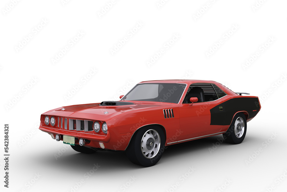Poster 3d render of a red and black retro american muscle car isolated on transparent background.
