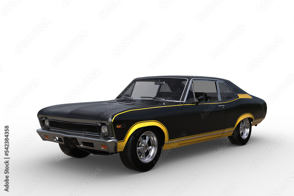 Poster 3d render of a black and yellow retro american muscle car isolated on transparent background.