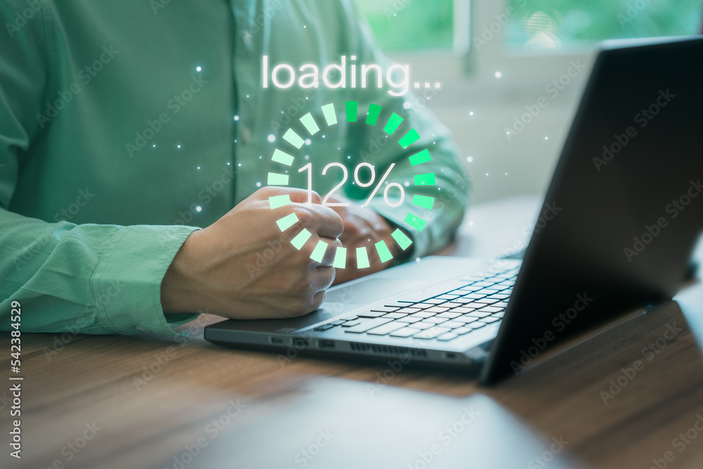 Poster Businessman using a computer laptop to download and waiting to loading digital business data form website, concept of waiting for load of loading bar.