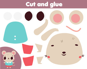 creative children educational game. Paper cut and paste activity. Make a cute mouse animal with glue and scissors - 542384504
