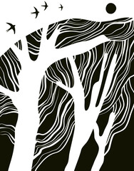 Graphic black and white illustration with trees and flying swallows, vector