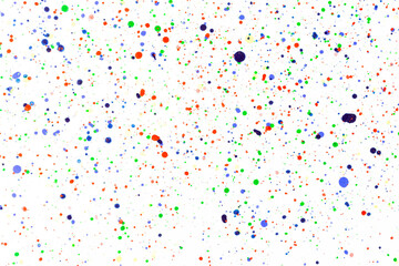 Paint splatters on bright material. Watercolor on white paper.
