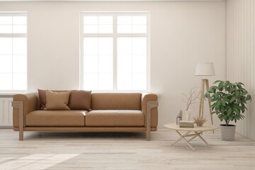 White living room with sofa. Scandinavian interior design. 3D illustration