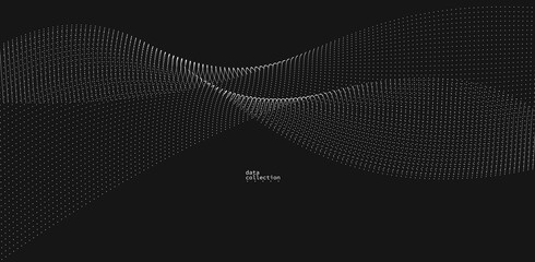 Grey abstract background, vector wave of flowing particles over black, curvy lines of dots in motion, technology and science theme, airy and ease futuristic illustration.