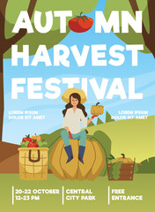 Autumn harvest festival advertising poster, flat vector illustration.