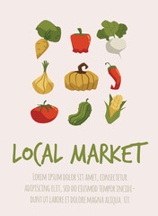 Local food market advertising poster, flat vector illustration.