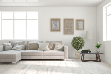 White living room with sofa. Scandinavian interior design. 3D illustration