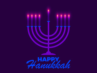 Happy Hanukkah. Menorah with nine candles is a symbol of the Jewish holiday. Light from menorah candles. Design for greeting card, banner and poster. Vector illustration