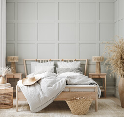 Home mockup, cozy bedroom interior in pastel colors, 3d render