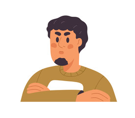 Discontent dissatisfied man with grumpy displeased facial expression. Person with annoyed frowning face, gloomy unhappy emotion of displeasure. Flat vector illustration isolated on white background