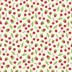 Seamless pattern with ripe red cherries and strawberries on a beige background. Colorful vector doodle illustration hand drawn. Healthy and tasty seasonal vitamin, summer berries. Card or wrapping