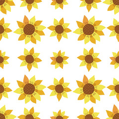 Seamless pattern with sunflowers. Colorful vector illustration hand drawn doodle. Summer beautiful flower with seeds, sunny plant. Wrapping or fabric, card or print, paper or canvas