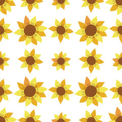 Seamless pattern with sunflowers. Colorful vector illustration hand drawn doodle. Summer beautiful flower with seeds, sunny plant. Wrapping or fabric, card or print, paper or canvas