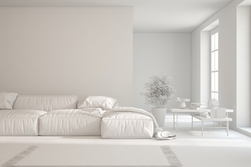 Mock up of minimalist living room in white color with sofa. Scandinavian interior design. 3D illustration